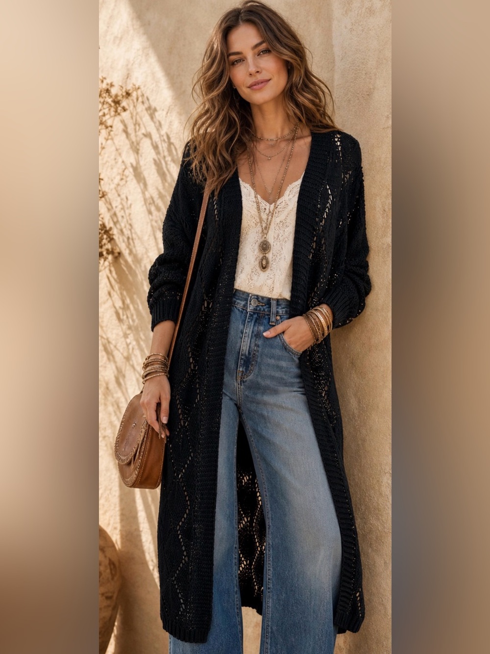 NWT - Davi & Dani Crochet Open Duster Cardigan in Black